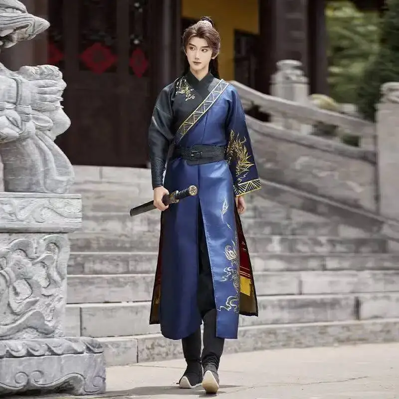 

Heavy Industry Gold Woven Hanfu Men Women Traditional Chinese Cross Collar Long Robe Halloween Event Swordsman Cosplay Show Suit
