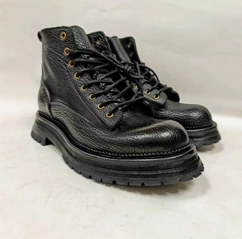 British Style Cowhide Thick Soled Boots Men's Shoes Genuine Leather Handmade Formal Work  Round Toe Derby Chelsea Boots Male view 2