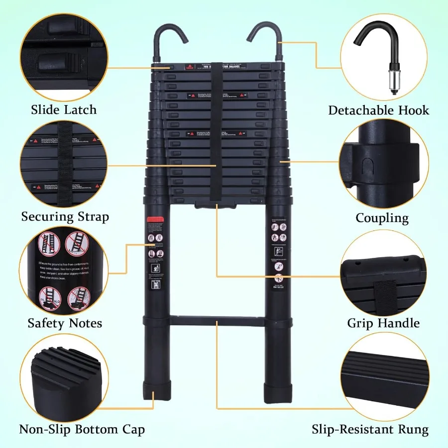 20.5ft 6.2M Black Aluminium Loft Ladder Telescoping Ladder with Hooks Extendable Easy to Store Delicate Design Max Load 330lb A