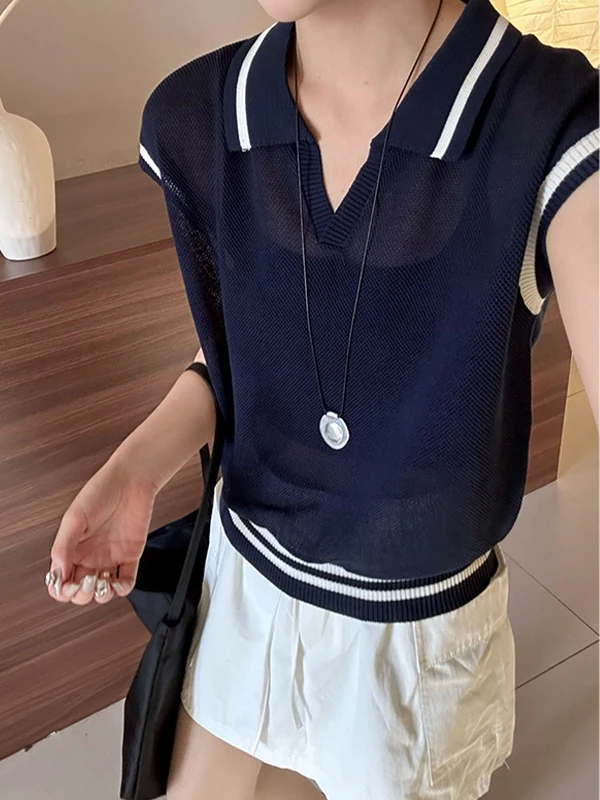 ay Knitted ort Sve irt Camiseta feminina slim fit com gola virada para baixo Design de verão Sense Commute Sle coreano...