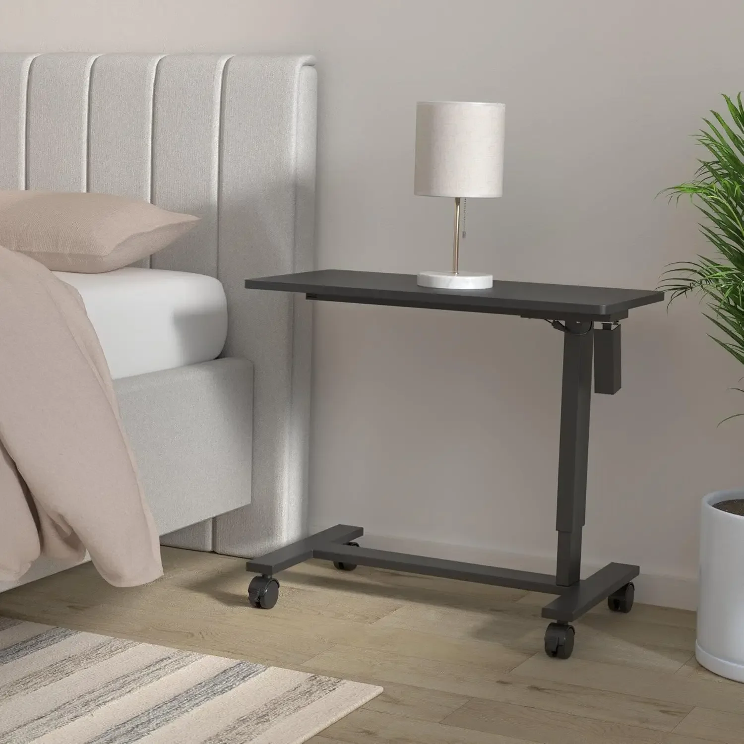 Electric Height Adjustable Bedside Table with Wheels for Home Office Use (Black + Black Frame)