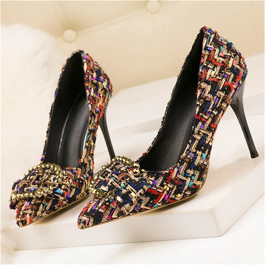 

Korean Mixed Colors Woolen Women Pumps New Elegant Crystal Metal Buckle Women's High Heel Shoes Autumn Shallow Dress Office Shoe