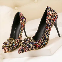 Korean Mixed Colors Woolen Women Pumps New Elegant Crystal Metal Buckle Women's High Heel Shoes Autumn Shallow Dress Office Shoe