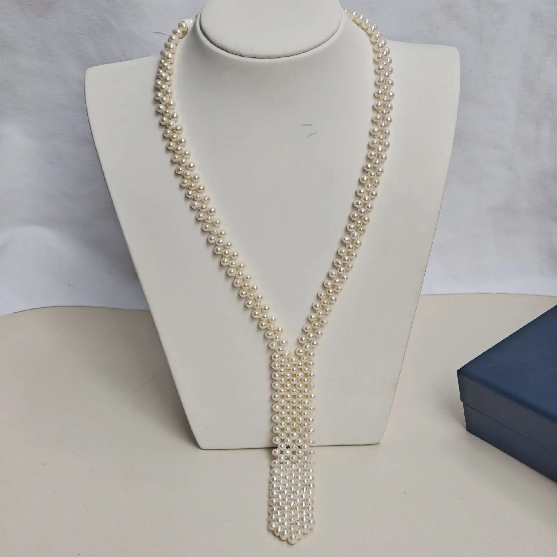 3-4mm Natural Freshwater Pearl Hand Woven Necklace, Heavy Craft Bowknot Tassel Design, Multi-Strand White Pearl Elegant Jewelry