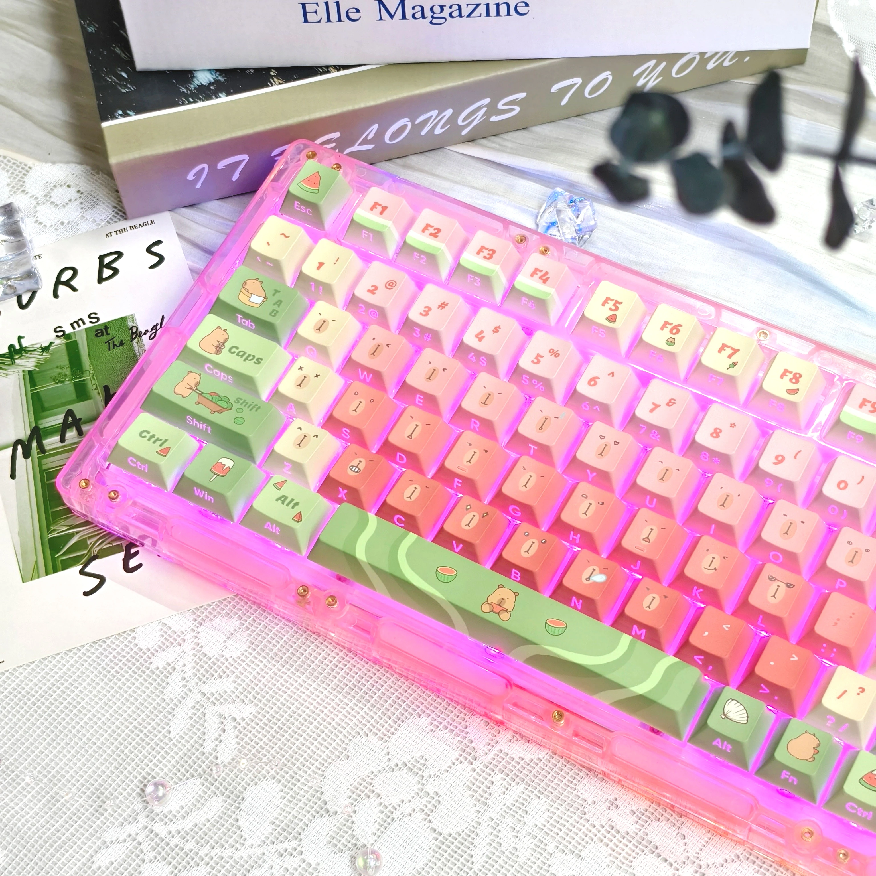 Imagem -06 - Capivara Melancia Keycap Rosa Verde Verão Cute Cherry Qx3 Teclado Mecânico Interruptor mx Faça Você Mesmo Pbt Gradient Keycap 134 Chaves