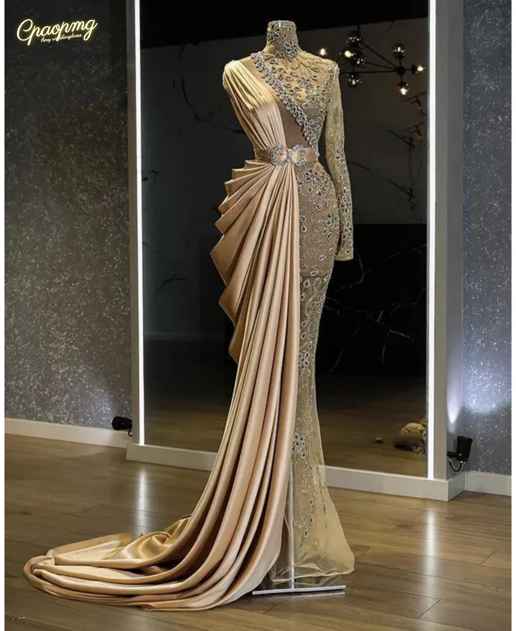 

Золотое сверкающее вечернее платье в Дубае по индивидуальному заказу с длинными рукавами, роскошное платье русалки с бисером в африканском стиле для женщин, платье для выпускного вечера для особых случаев