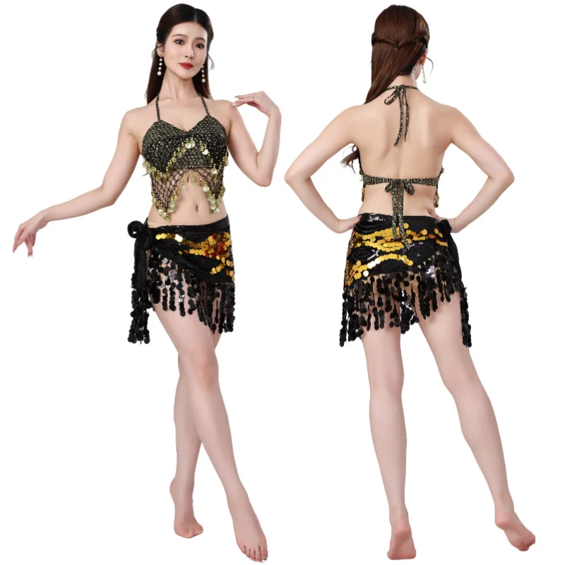 

2 шт., женские костюмы для танца живота для взрослых, индийские сценические цыганские костюмы, женский костюм для танца живота с блестками, костюм для танца живота для женщин