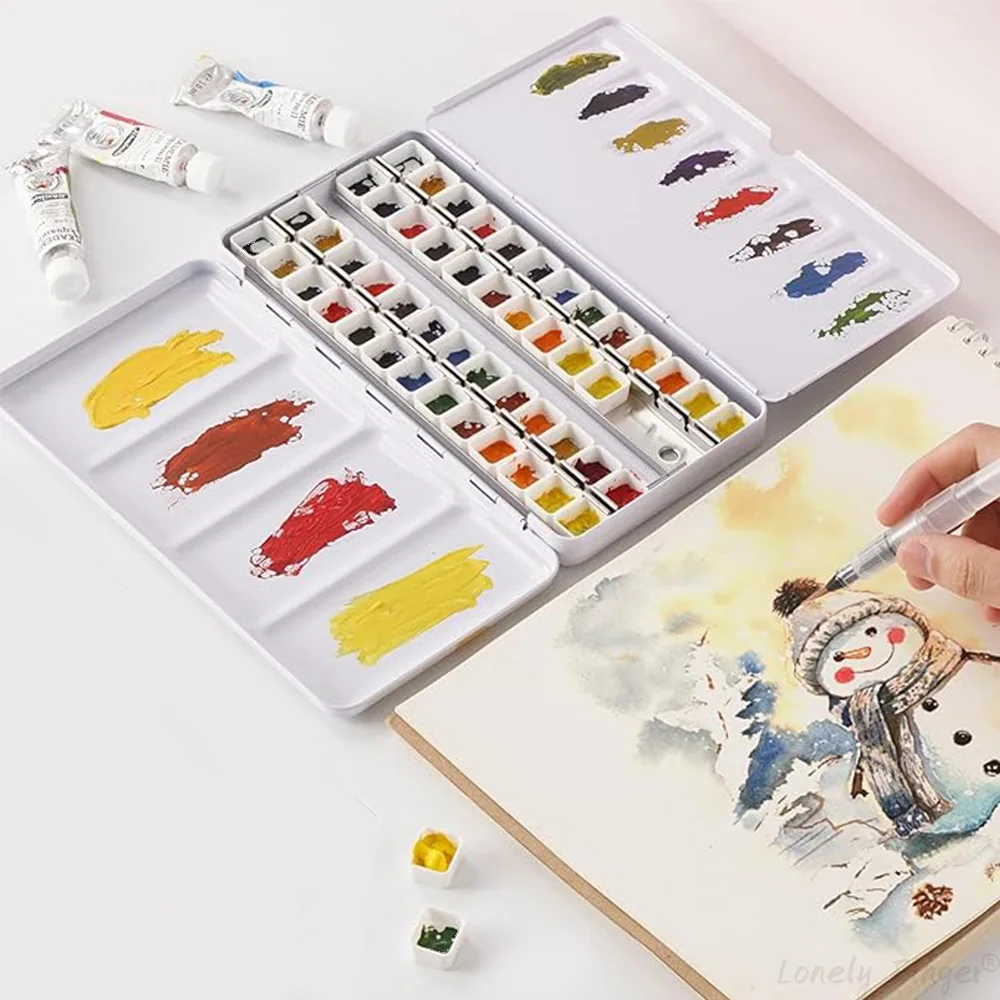 صندوق قصدير معدني بألوان مائية مع 52 نصف مقالي فارغة وصينية رسم خلط قابلة للطي - لوحة ألوان مائية محمولة للسفر #6