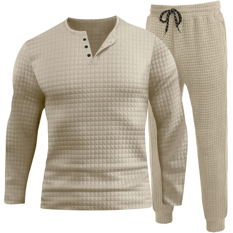 Henley Shirt Männer 2 stücke Sets Frühling Herbst Trainings anzüge Polos hirts Hosen Outdoor Freizeit anzüge Jacquard kleines Quadrat einfach passend