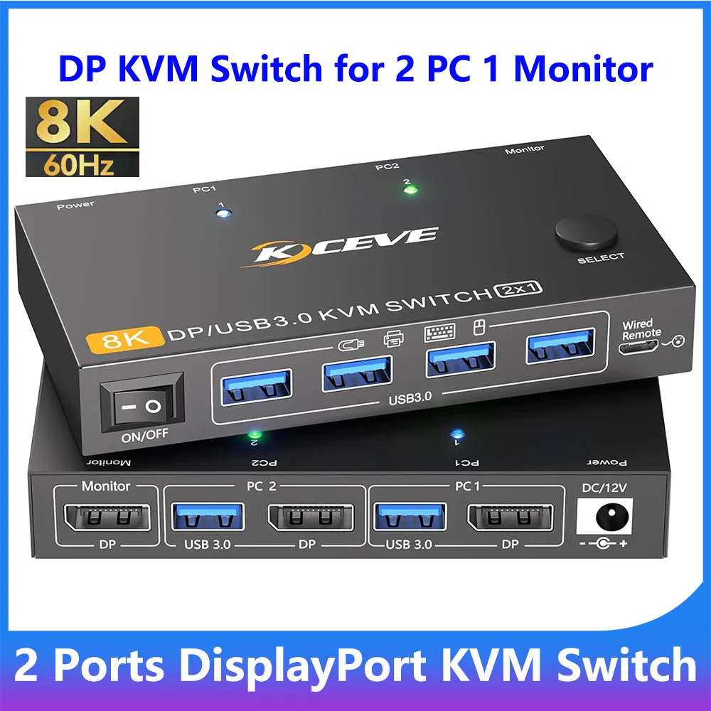 KCEVE 8K DisplayPort KVM Switch 2 Computers 1 Monitor ,8K@60Hz/4K@240Hz DP KVM Switch for 2 PC 1 Monitor to Share Mouse,Keyboard