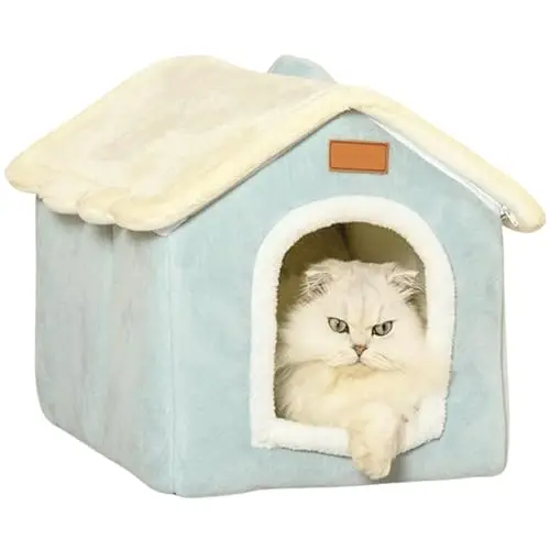 Foldable Dog House Kennel Bed Mat for Indoor Pets,Enclosed Warm Plush Sleeping Nest Bed with Removable Cushion,Covered