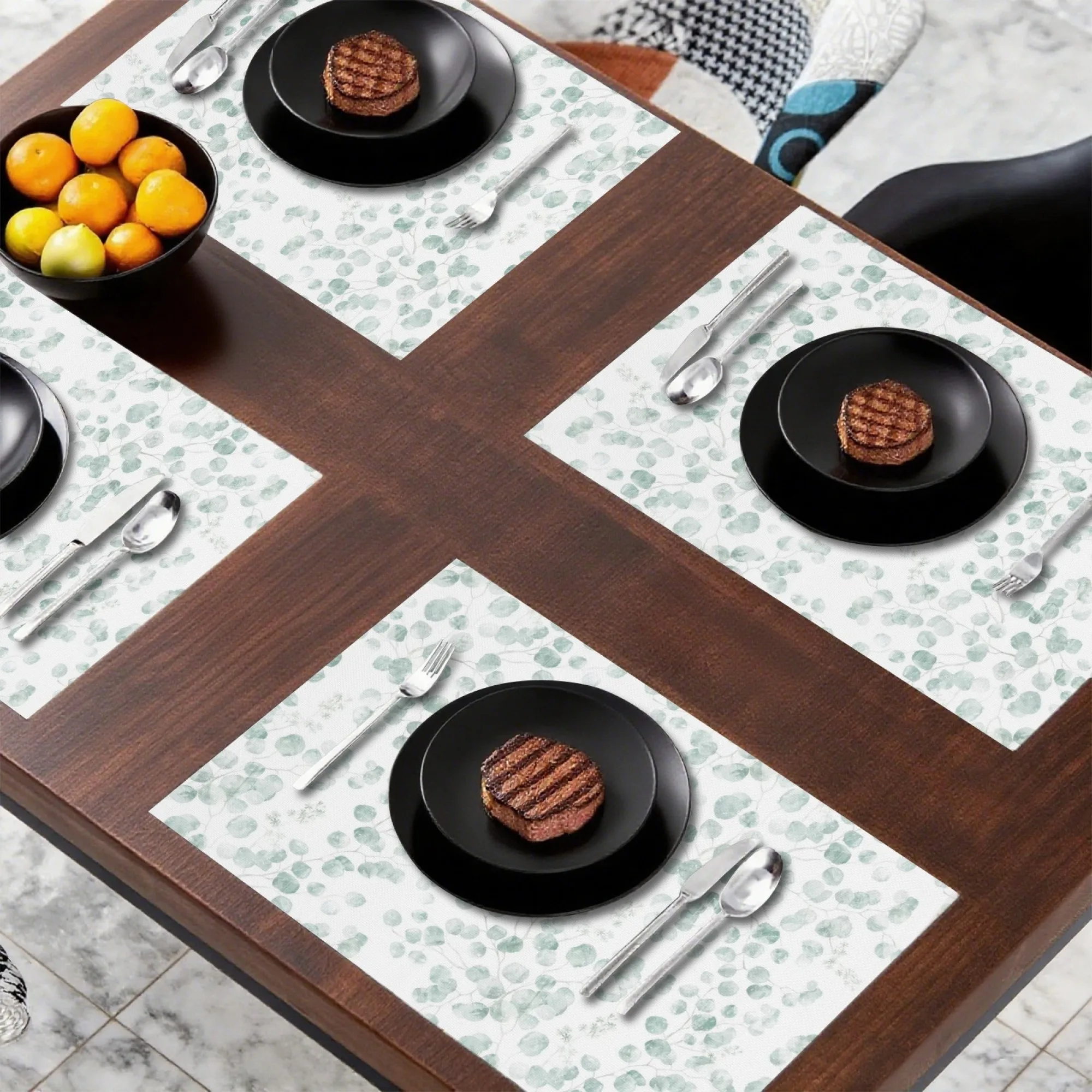 Mantel Individual de eucalipto con escena de comida ligera de estilo Rural fresco, ramas verdes claras, insalada y café, tapete de decoración de cocina para el hogar a juego