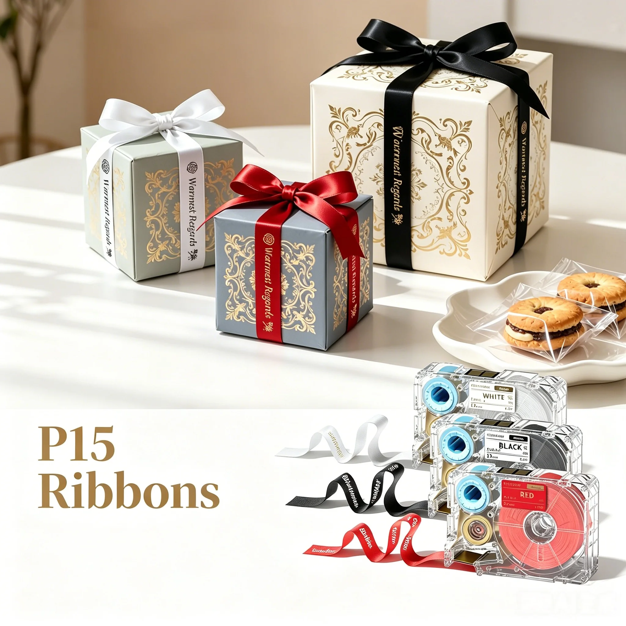 

Phomemo A30 P15 Satin Ribbon Label Tape 12mm*5m White Black Red Gold Printed Fabric Ribbon For Gift Wrapping Bouquet Bow DIY