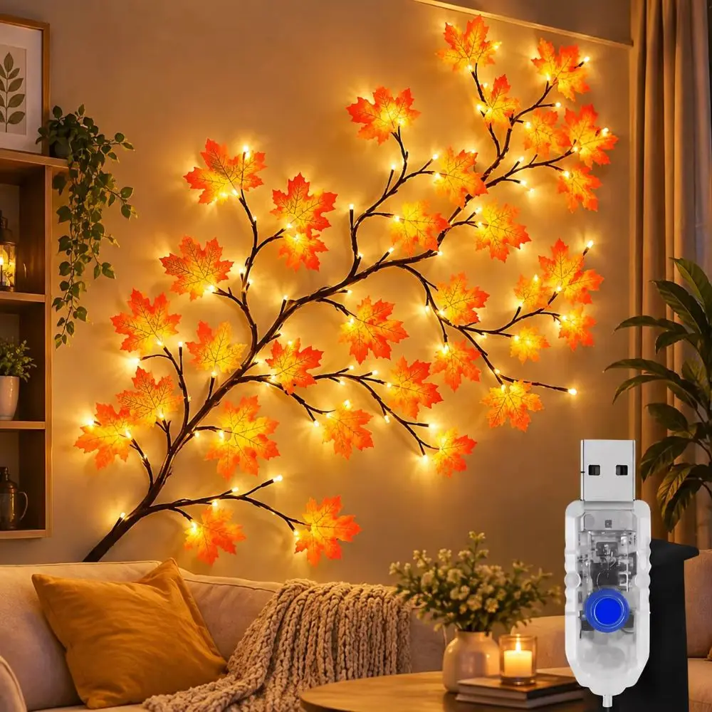 USB Powered Maple Leaf Branch Lights Bendable Vine 8 Lighting Modes Maple Leaf Garland Lighted Flexible Vine Branch Wreath