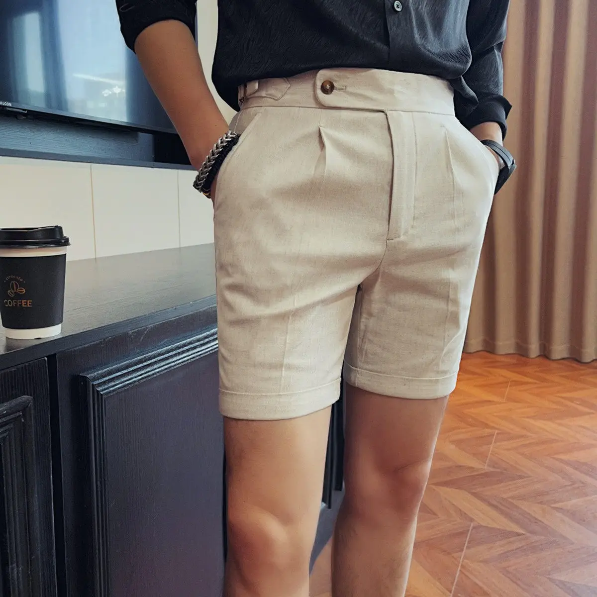 

2026 Summer Linen Shorts Men's Thin Breathable Slim Fit Five Quarter Pants Casual Business Suit Shorts Beach Vacation Pant