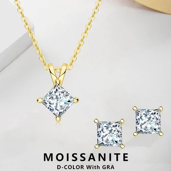 Lnngy 1.0CT Princess Cut Moissanite Necklace Earrings 925 Sterling Silver Jewelry Set for Women Necklace Pendant Earrings Gift