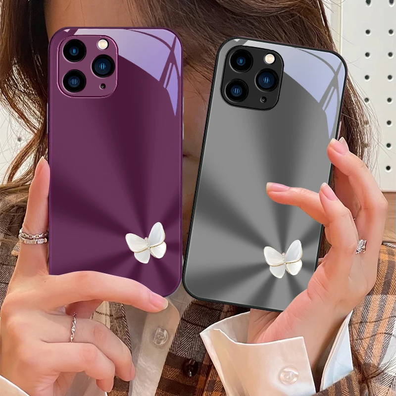 

Gradient Butterfly Rose Purple For IPhone 16 Pro Max 15 Pro 14 13 12 Mini 11 XS Max XR 7 8 Plu SE 2022 Tempered Glass Phone Case