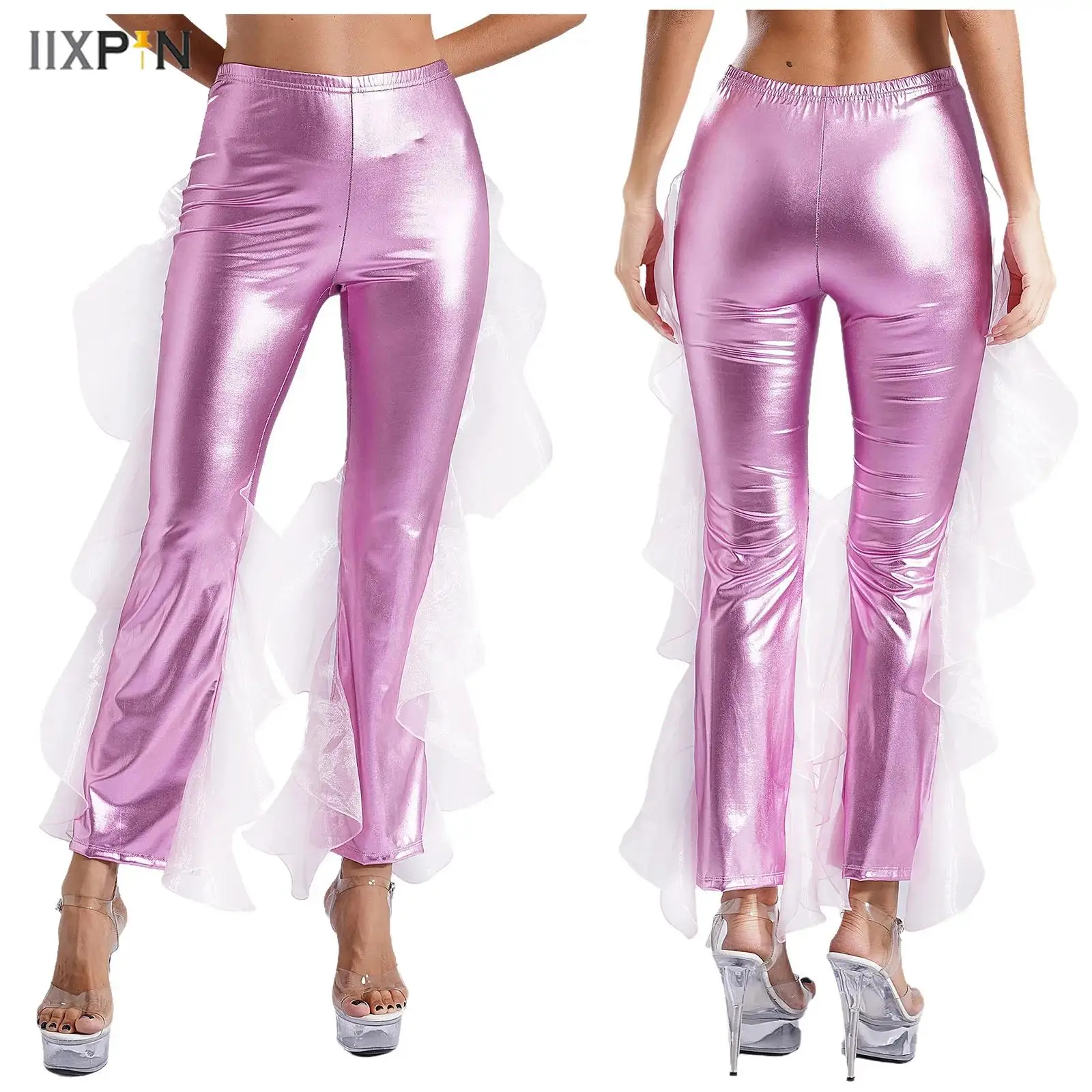 

Womens 70s 80s Disco Dance Pants Hippie Costume Metallic High Waist Ruffle Trim Flared Pants Bell Bottoms Trousers Mermaid Pants