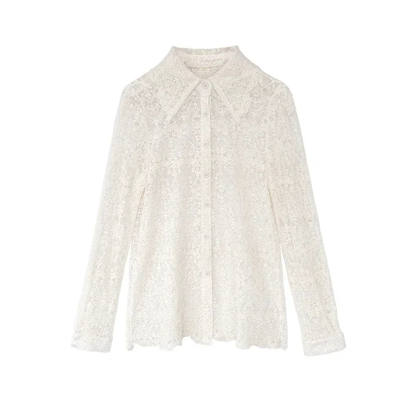 Women Plus Size Spring Korean Chic Lace Floral Embroidery White T-shirts Bottoming Long Sleeve Shirt New Fashion Hollow Top 