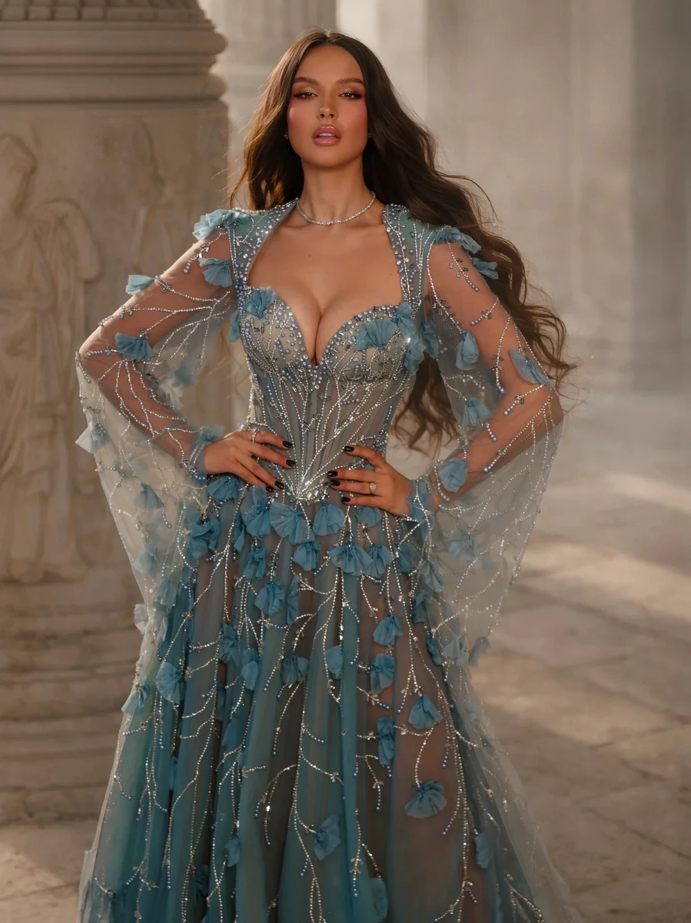 

Вечернее платье Dreamy Dusty Blue Fairy, элегантное, А-силуэта, с длинными рукавами, корсетом, кристаллами и бисером, из тюля, для выпускного вечера, на заказ