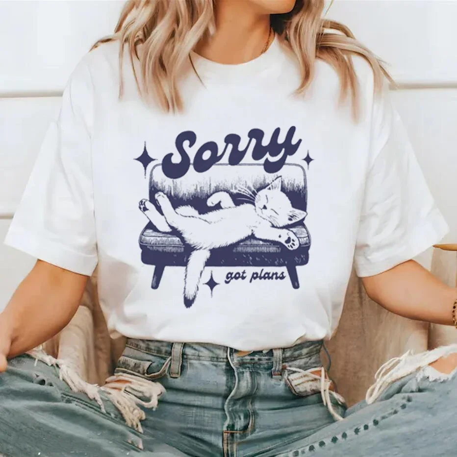 Sorry Got Plans Sweatshirt Funny Cat T Shirts for Women Funny Cartoon T-shirts Grunge Kawaii 90s Fashion Tshirt Korean Female To