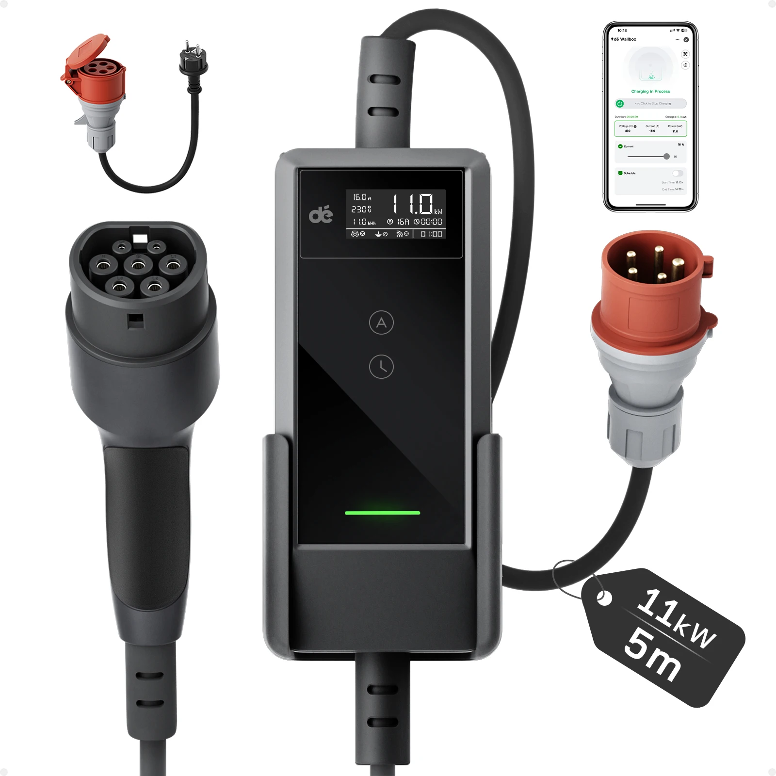 dé Type 2 CEE rode stekker EV-oplader 11kW 16A 3-fase 7m 10m 15m 20m 25m lange kabel voor voertuigen EVSE met EU Schuko-stekkeradapter