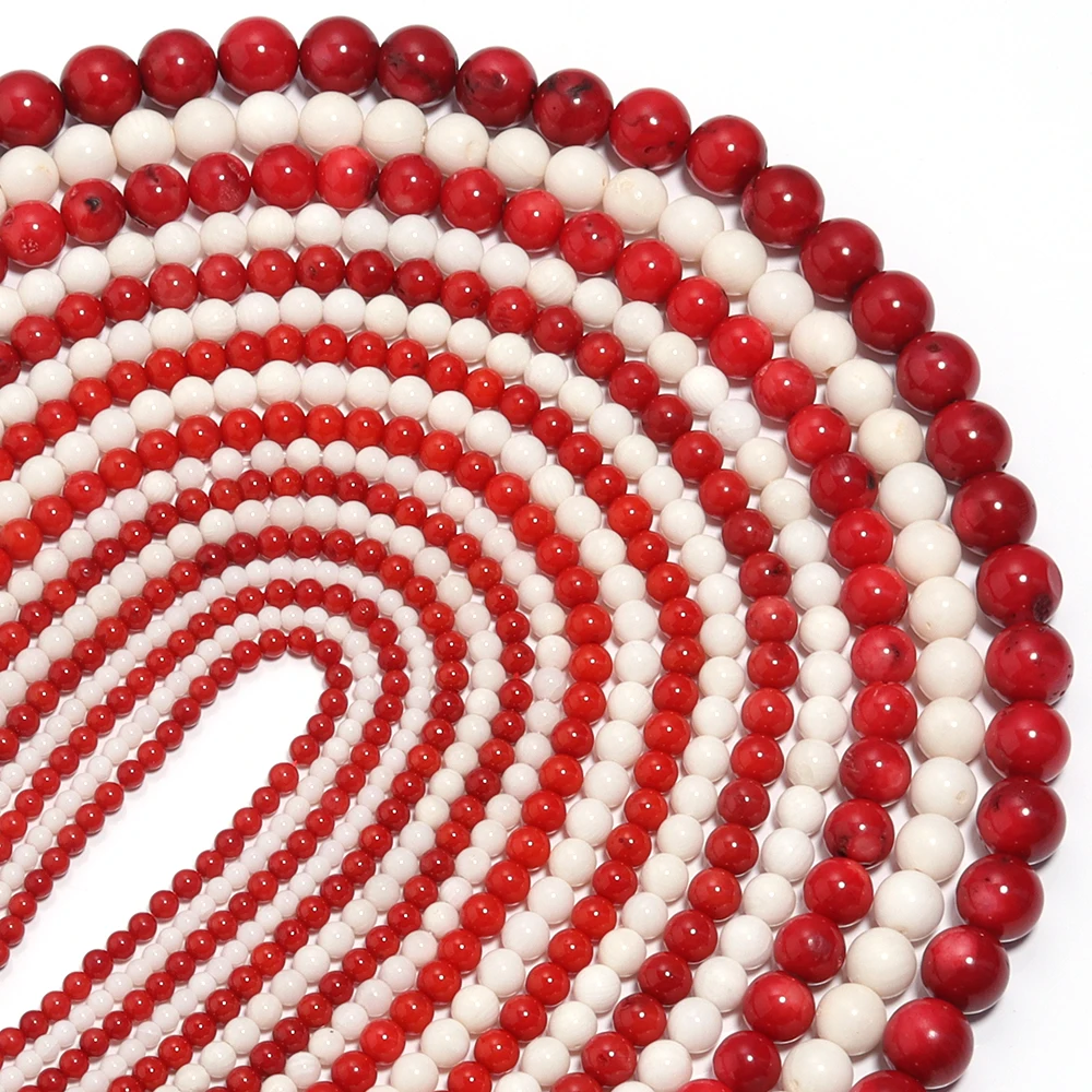 1 Strand Red White Color Coral Beads Natural Stone Beads Round Loose Beads For Jewelry Making  DIY Necklaces Bracelets Wholesale