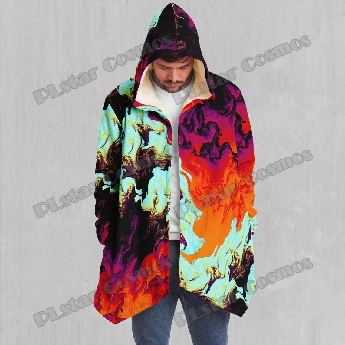 Lava Bath Psychedelic Colorful Pattern 3D Printed Men's Sherpa Lined Hooded Cloak Winter Unisex Casual Thick Warm Cape Coat BB80