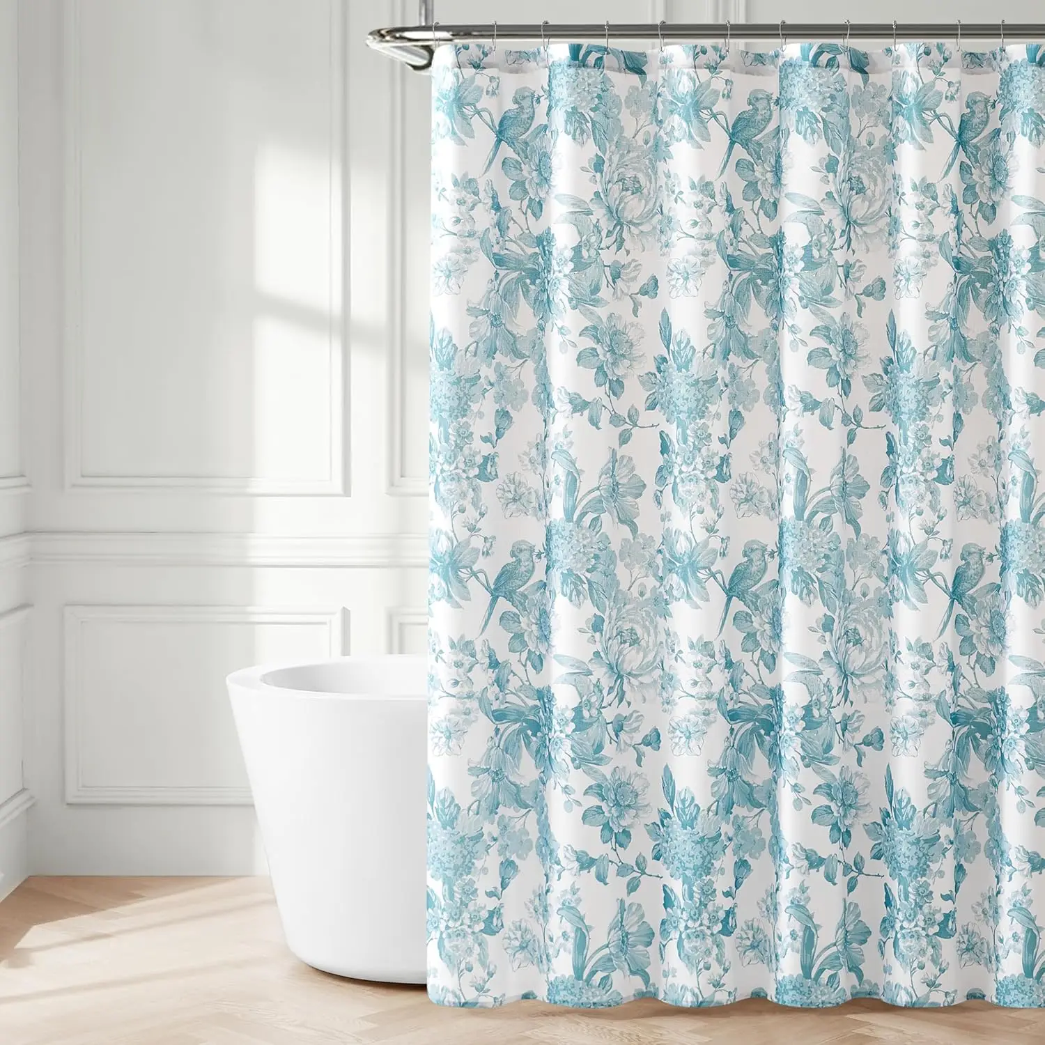 

Bird and Hydrangea Toile Shower Curtain Single 72" W x 72" L Teal - Floral Shower Curtains - Blue Bath Curtain - Vintage