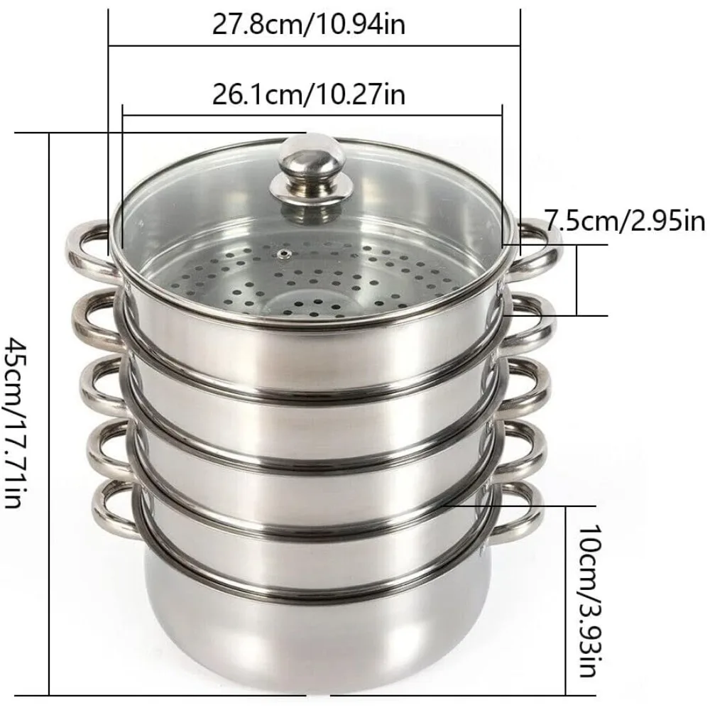 5-Stage Steamer Stove Stackable Steamer Stainless Steel Glass Lid Steamer Silver