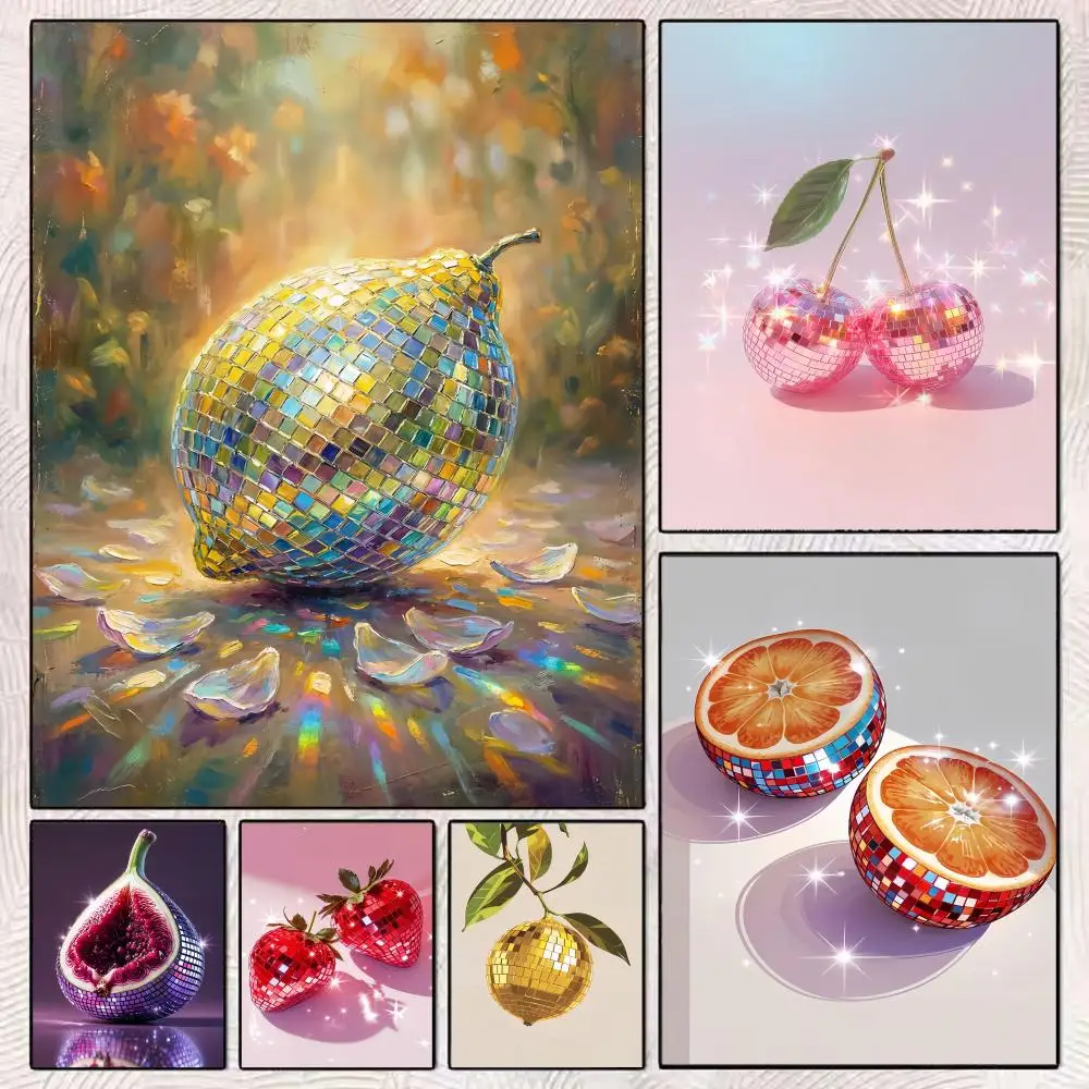 (No frame)Disco Fruit Design Painting Calligraphy Premium Cotton Canvas Art Poster for Elegant Wall Decor for Modern