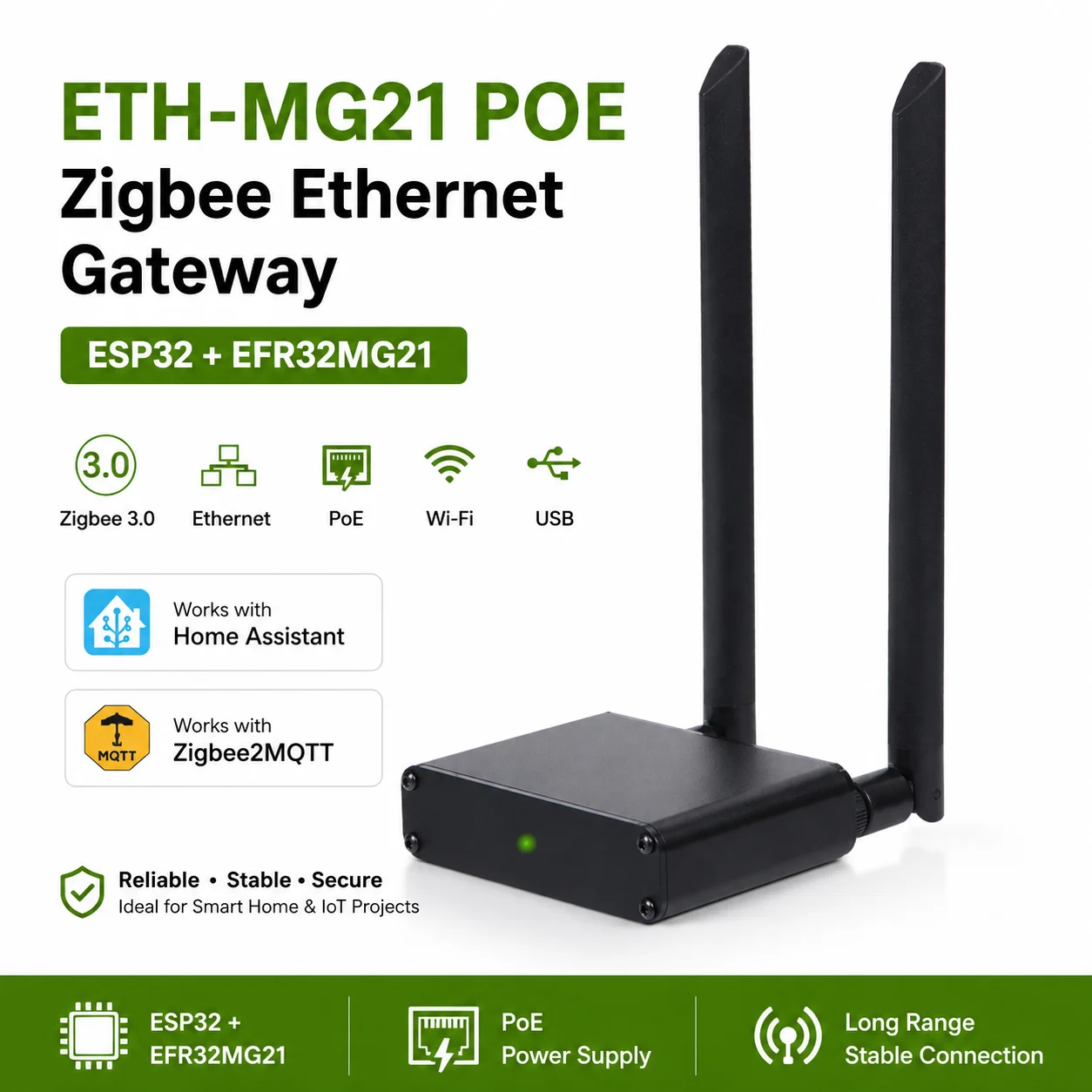 Gateway PoE Zigbee Ethernet ESP32 EFR32MG21 Coordenador para Home Assistant Zigbee2MQTT MQTT OpenHAB Matter