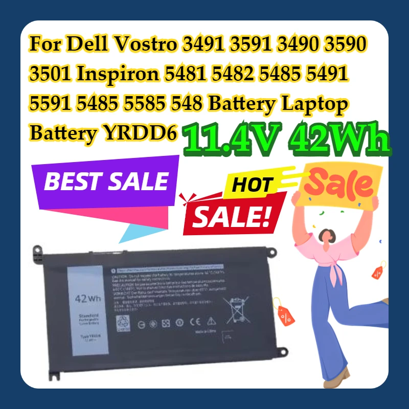 

For Dell Vostro 3491 3591 3490 3590 3501 Inspiron 5481 5482 5485 5491 5591 5485 5585 548 Battery Laptop Battery YRDD6 11.4V 42Wh