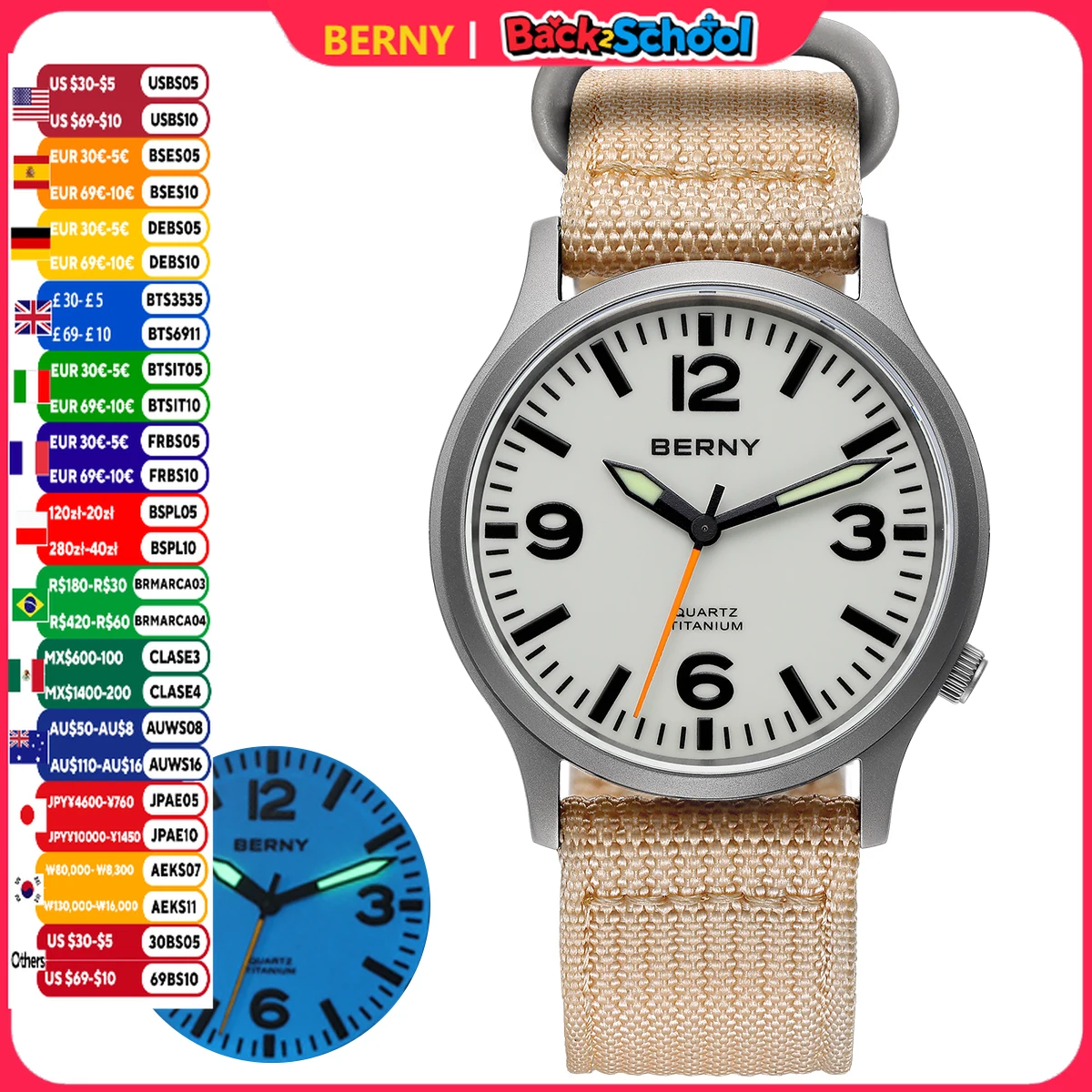 BERNY Titanium Watches for Men Sapphire Field Sports Quartz Watch Full Luminous Dial Waterproof Pilot Wristwatch for Outdoor