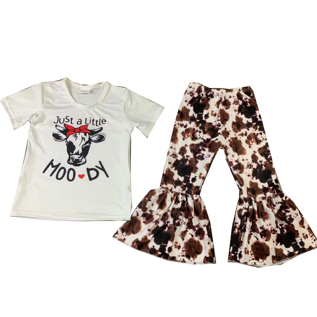 Summer girls clothes letter just a little moody short sleeves top cows pattern bell bottom pants sets