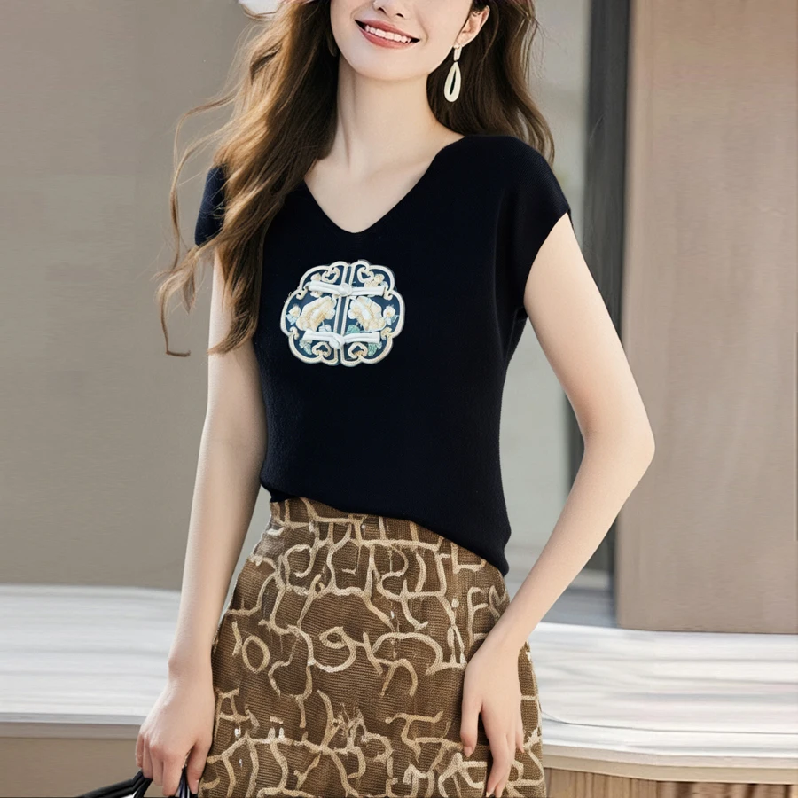 스웨터 브이넥 자수 니트 스웨터 여성 풀오버 패션 반팔 니트 스웨터 풀오버 여성 탑 니트웨어 Q2527