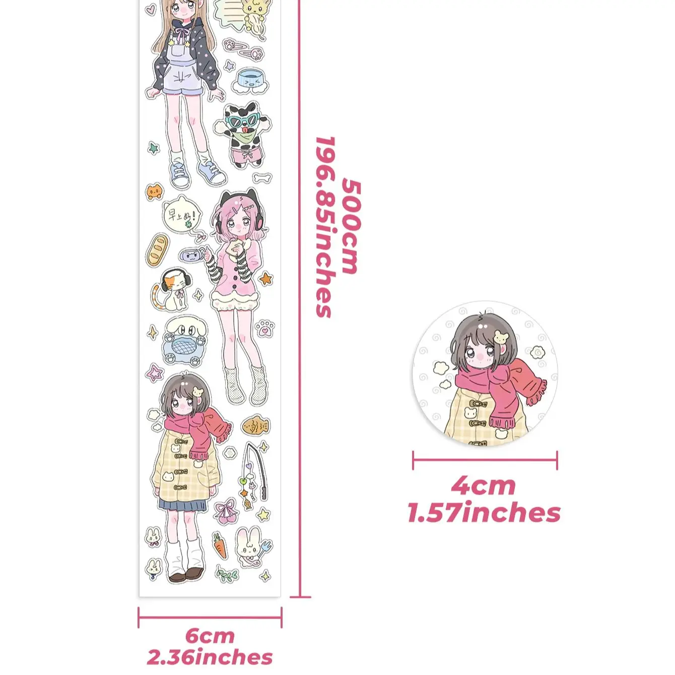 WakaWaka Kawaii Girl Character Sticker Roll Korean PET Deco Sticker Scrapbook Stickers Deco Stickers Diy Arts Crafts Album