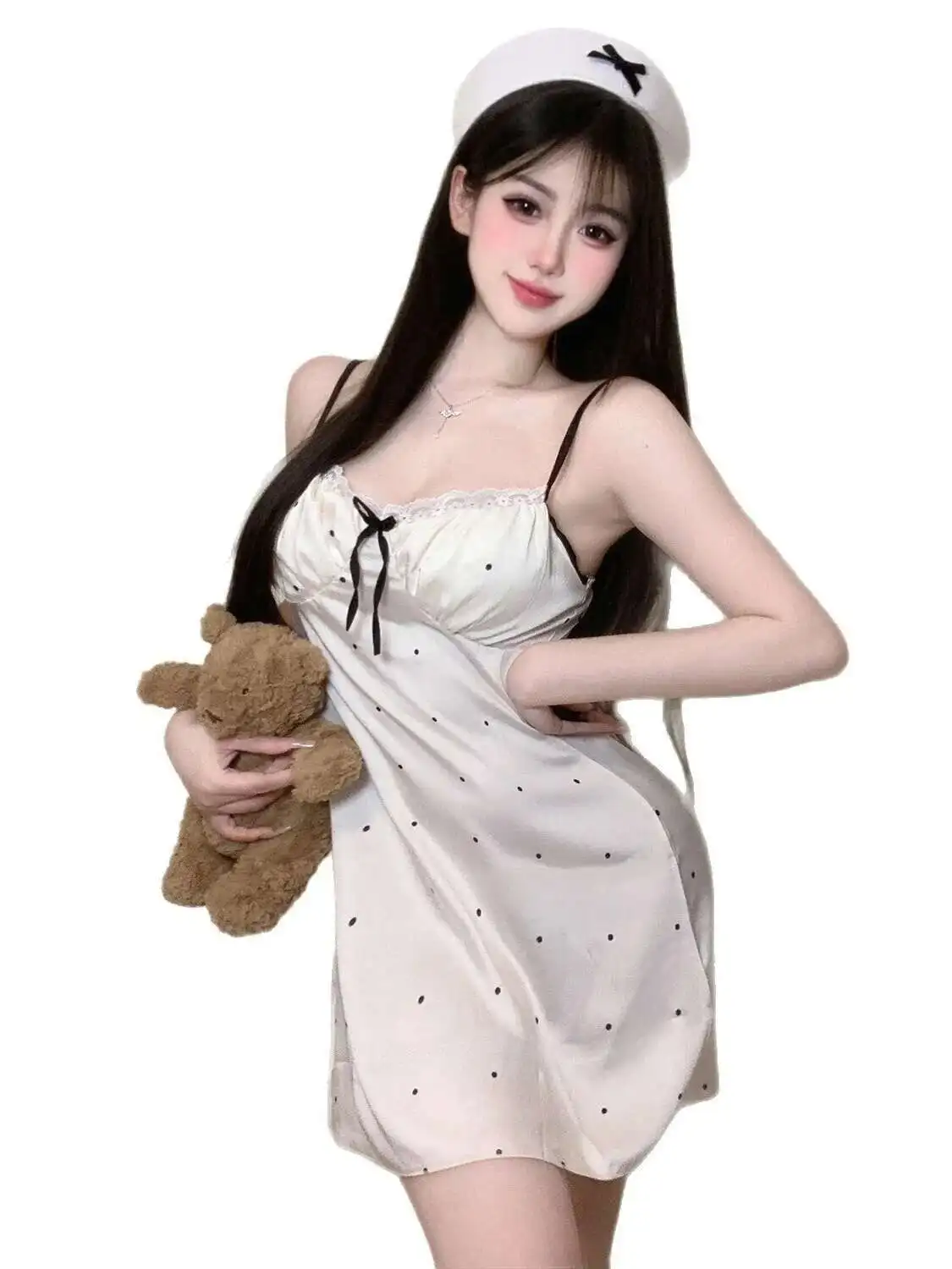 夏のセクシーなスリーピングベルト胸クッションタンクミニドレスドットレース薄型睡眠韓国甘い弓花ドレスエレガント MHD9