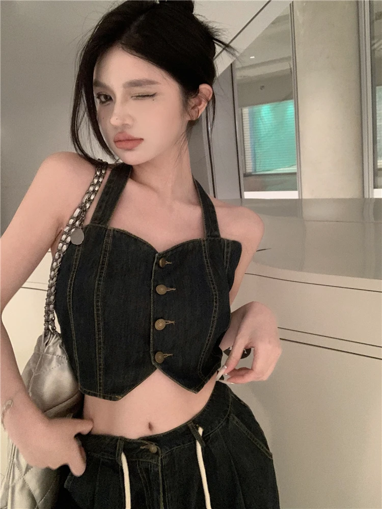 

Spicy Girl Retro Denim Set Neck Hanging Strap Loose Wide Leg Pants Two Piece Set Early Autumn Short Style Women's Fashion