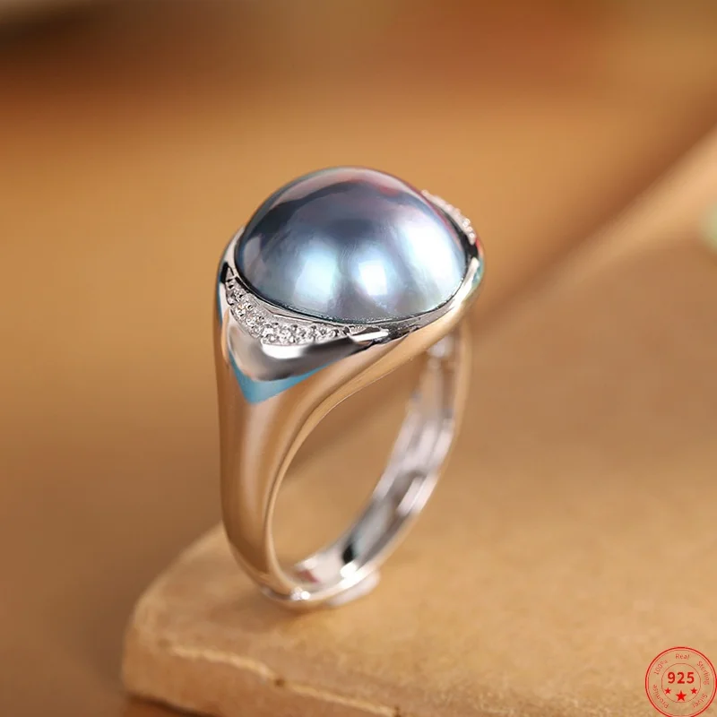 S925 Sterling Silver Charms Rings for Women Men Simplicity Geometric Pattern Inlaid Mabe Pearl Fashion Jewelry Wholesale