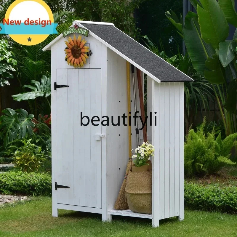 LHY26 ss Outdoor Storage Tool Box Functional Rainproof Solid Wood Garden Balcony Shovel