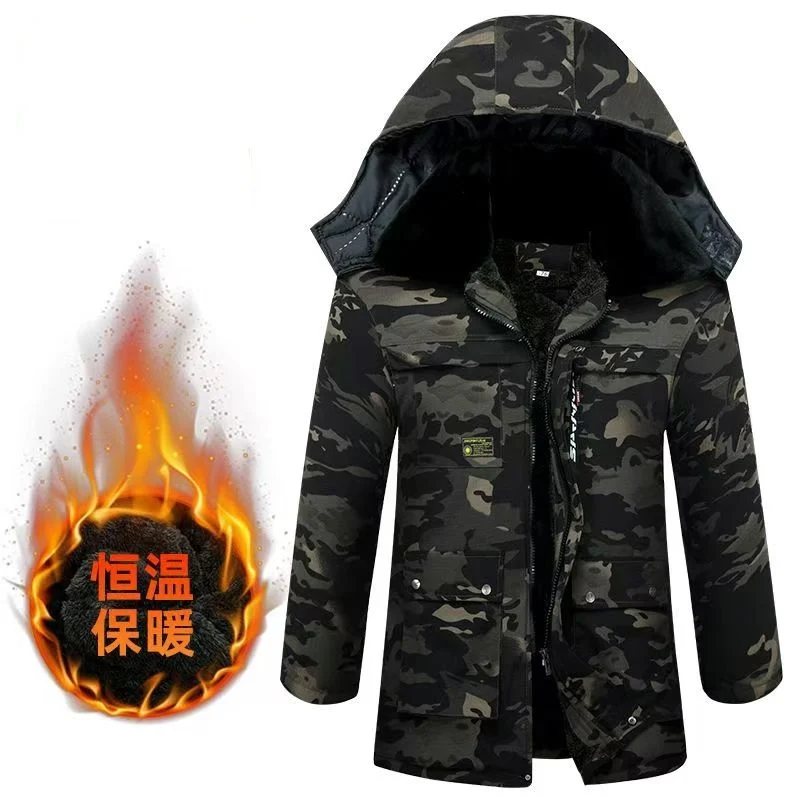 Winter Cargo Zip Up Camouflage Jacket Men Thicken Warm Parkas Hooded Cotton Clothes Fashion Wool Liner Coat