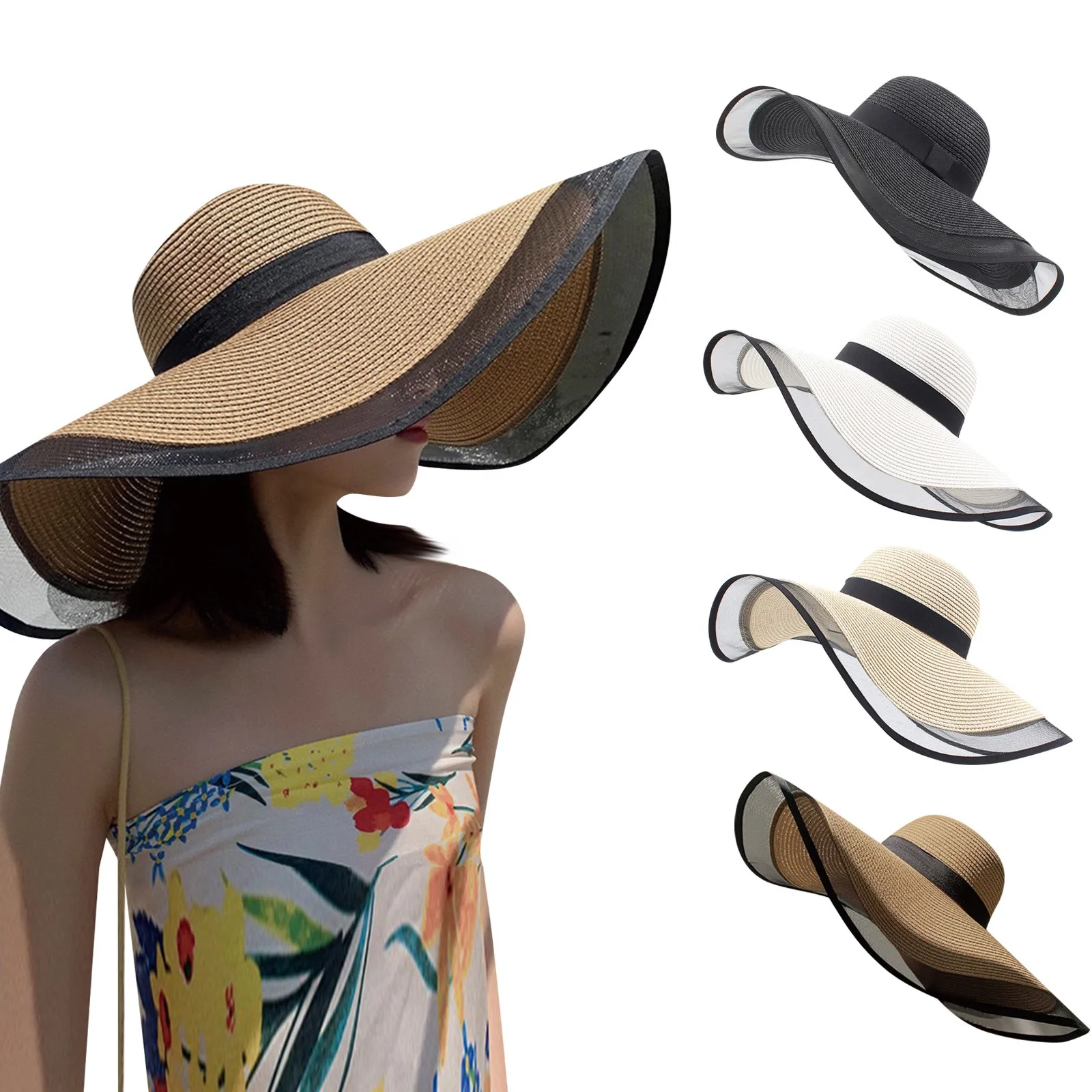 Women'S Vintage Straw Sun Hat Big Eaves Waves Beach Hawaiian Cap Ladies Light Gauze Brim Elegant Sun Protection Cap Holiday