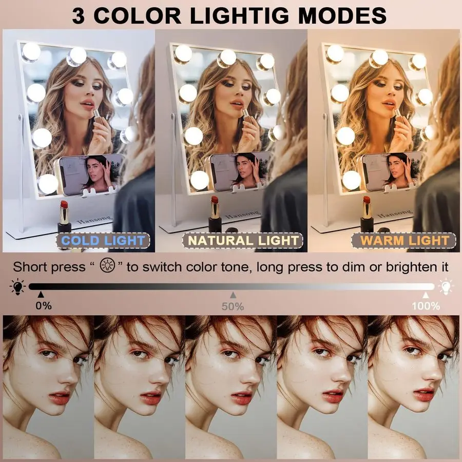 Beleuchteter Kosmetikspiegel mit Bluetooth-Lautsprecher und kabelloser Lade-Make-up-Spiegel mit Lichtern, 9 dimmbare Glühbirnen, beleuchteter Make-up-Mir