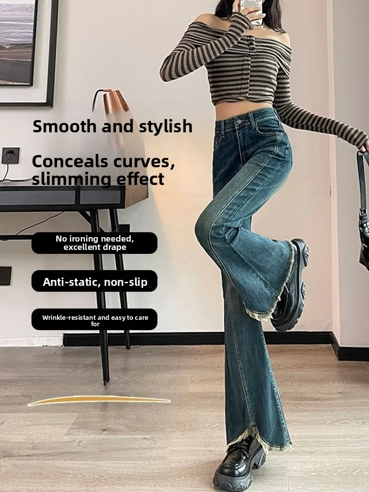 بنطلون جينز نسائي واسع الساق بخصر مرتفع للربيع والخريف، مقاس كبير، مرن مع شق، بنطلون دينيم نحيف مستقيم بطول الأرض
