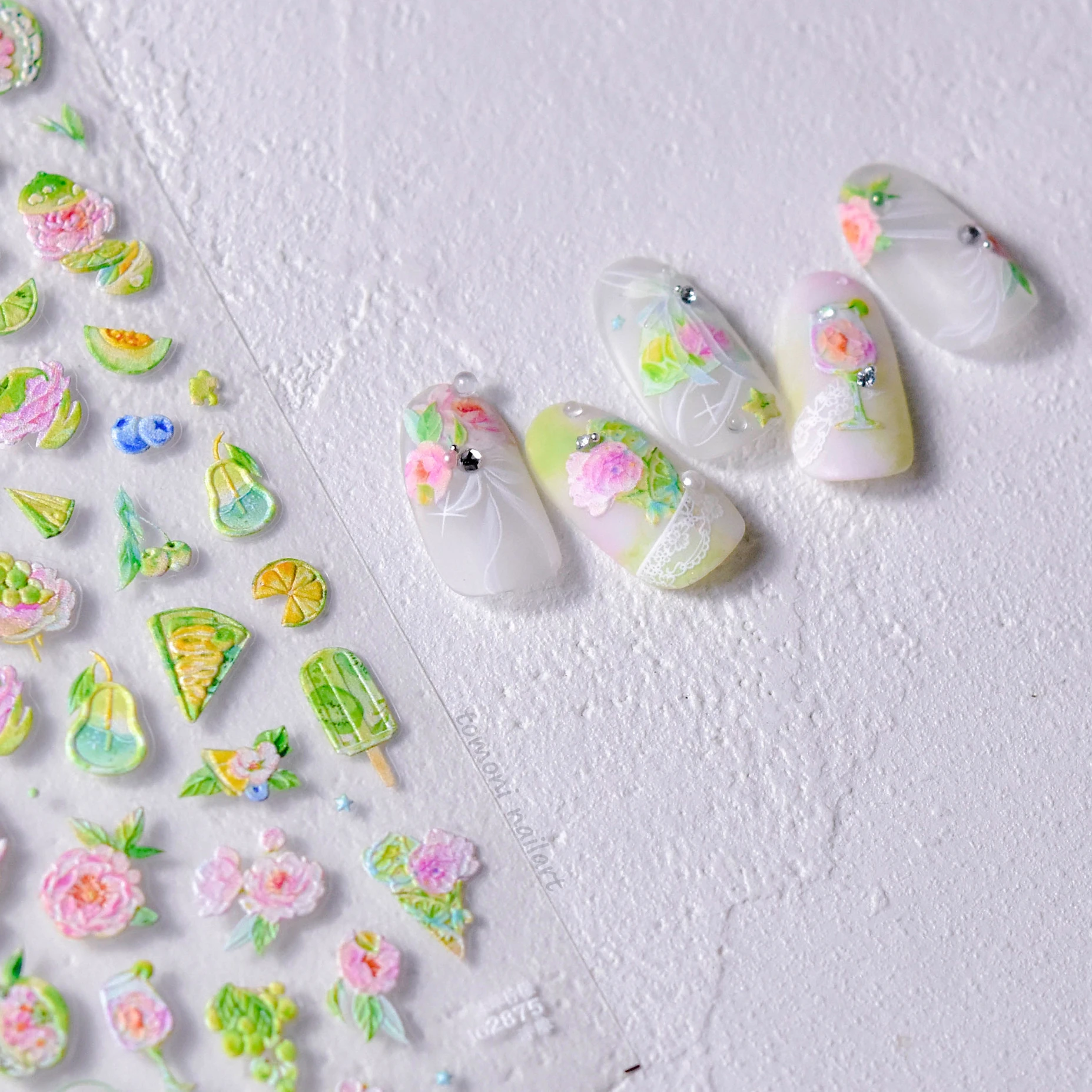 Cute Summer Ice Cream Popsicle Design 5D Soft Reliefs Self Adhesive Nail Art Stickers Flowers Fruit 3D Manicure Decals Wholesale