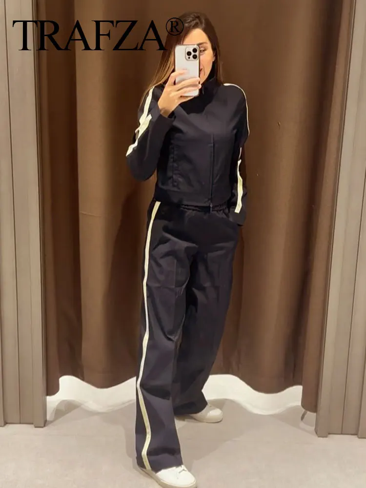 TRAFZA 2024 Autumn Woman Trousers Suits Solid Lapel Zipper Jacket Top + Elastic Waist Wild Commute Female Wide Leg Long Pant