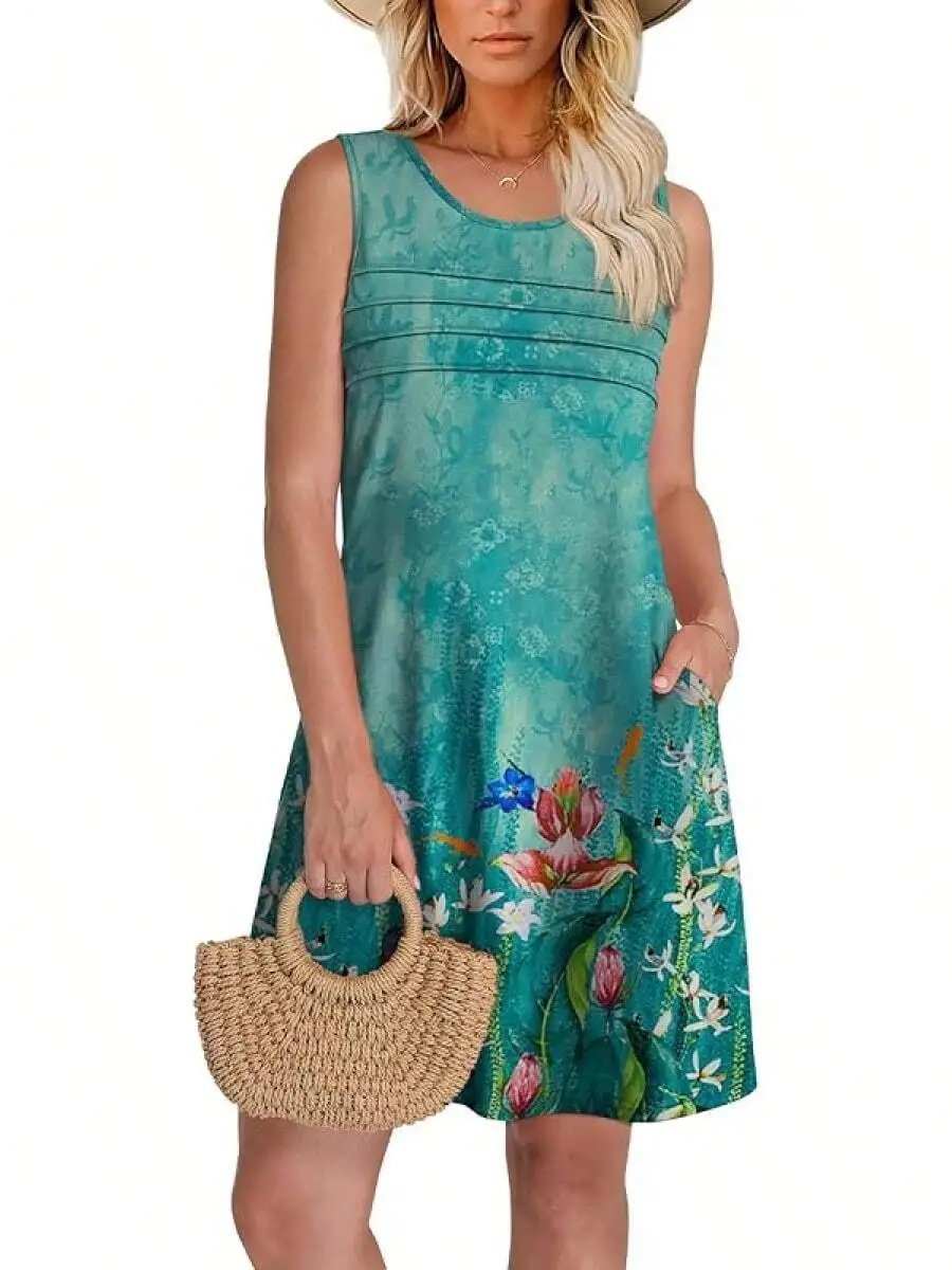 

Pleated Front Floral Print Tank Dress For Women Summer Loose Knee Length