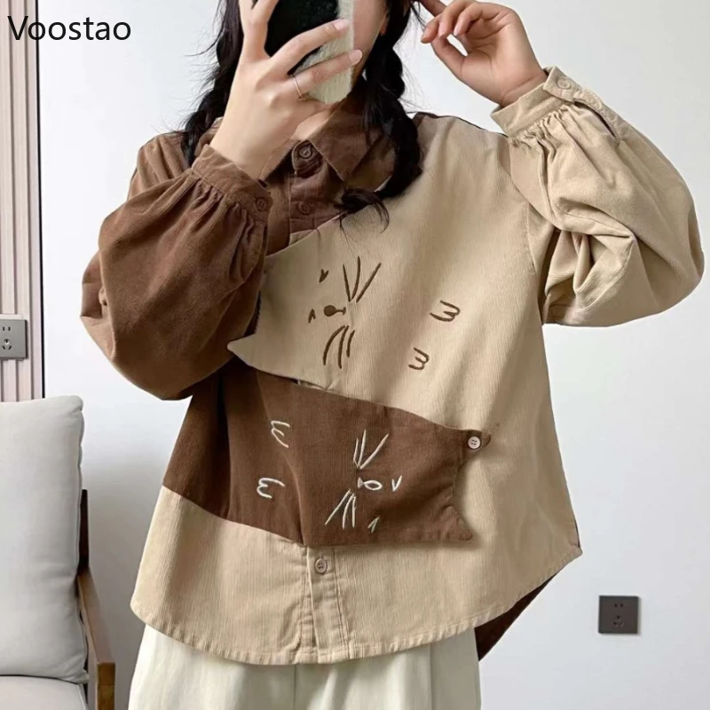 Vintage Cartoon Cat camicia di velluto a coste donna Casual Y2k manica lunga camicette larghe femminile coreano dolce Patchwork top autunno 2024