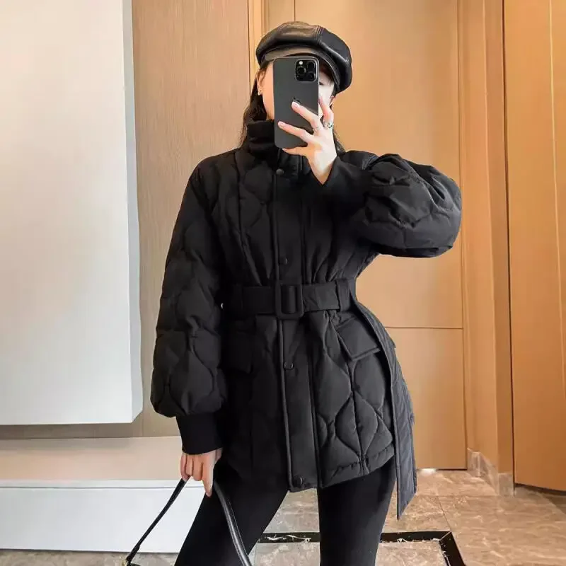 

Girls Winter Down Cotton Clothes Tighten Waist Cotton Padded Jacket Female Short Thicken Keep Warm Leisure Comfortable Coat